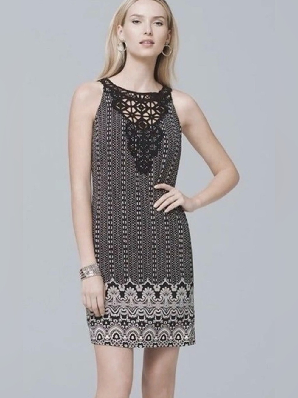 White House Black Market Crochet Keyhole Stretch Lined Mini Dress Black White XL